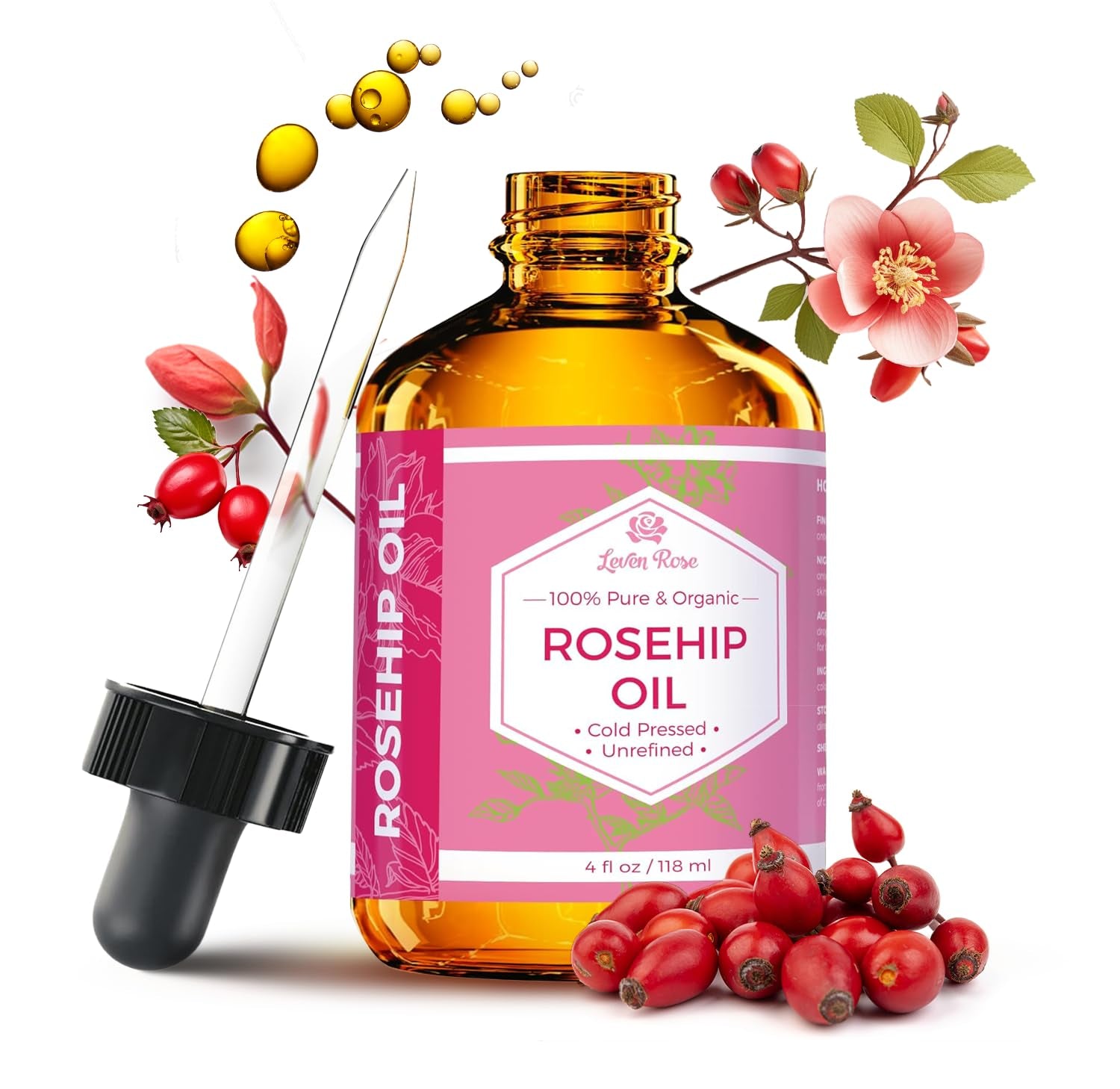 Leven  Rose  Rosehip  Seed  Oil  for  Face  4  Oz -  Pure  Rosehip  Oil  for  Face -  Unrefined  Cold  Pressed  Rosehip  Oil  for  Body -  Nighttime  Face  Moisturizer  for  Hair ,  Skin &  Nails