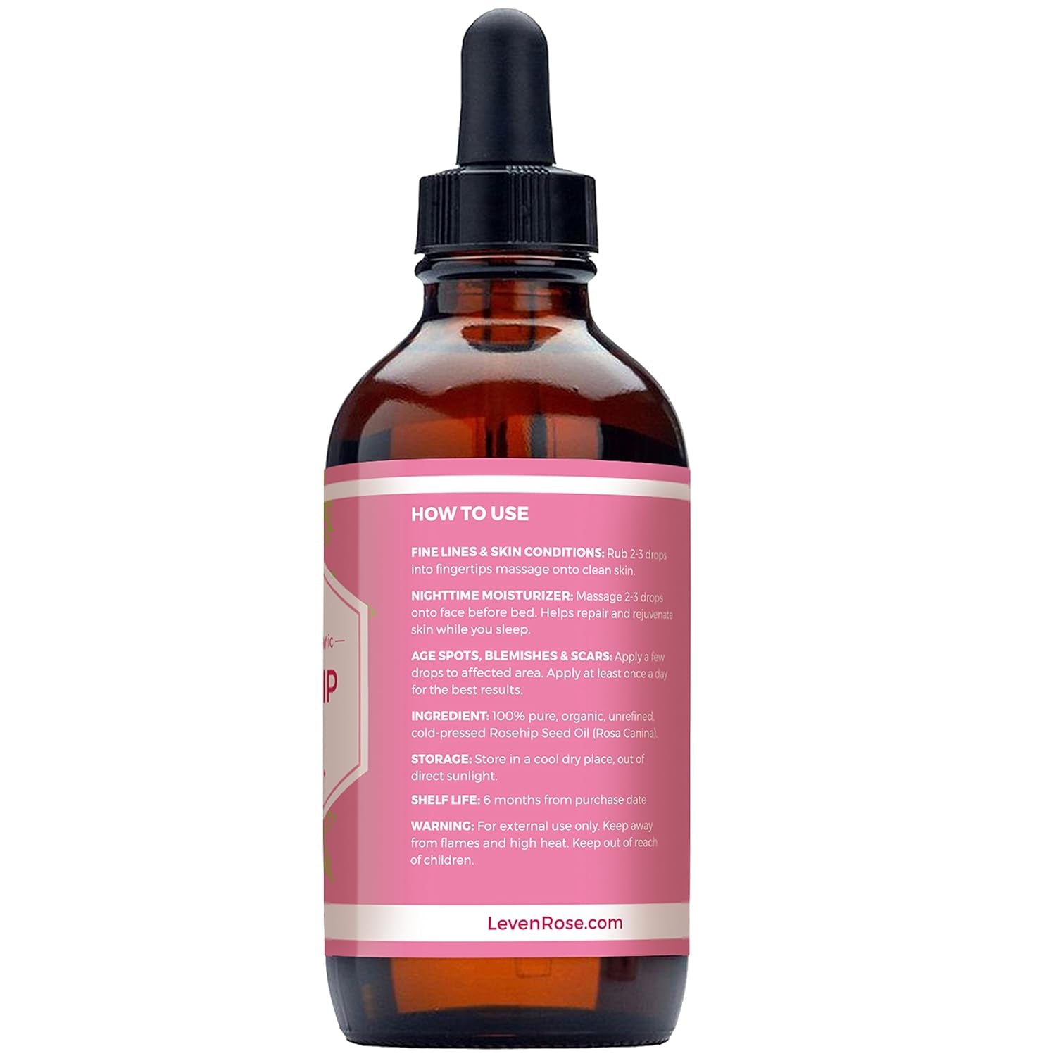 Leven  Rose  Rosehip  Seed  Oil  for  Face  4  Oz -  Pure  Rosehip  Oil  for  Face -  Unrefined  Cold  Pressed  Rosehip  Oil  for  Body -  Nighttime  Face  Moisturizer  for  Hair ,  Skin &  Nails