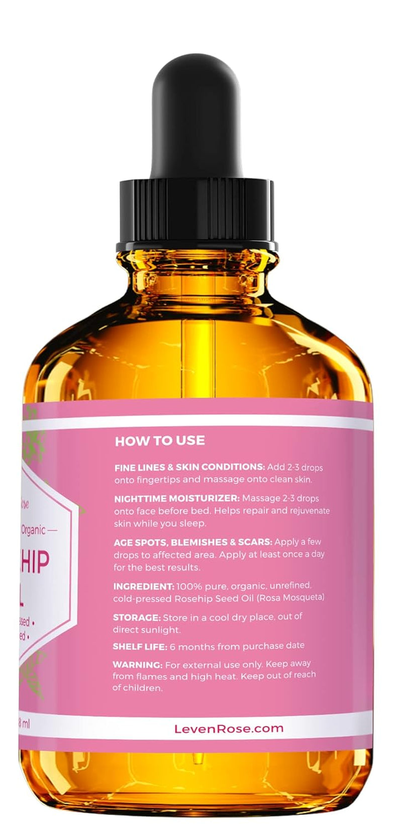Leven  Rose  Rosehip  Seed  Oil  for  Face  4  Oz -  Pure  Rosehip  Oil  for  Face -  Unrefined  Cold  Pressed  Rosehip  Oil  for  Body -  Nighttime  Face  Moisturizer  for  Hair ,  Skin &  Nails